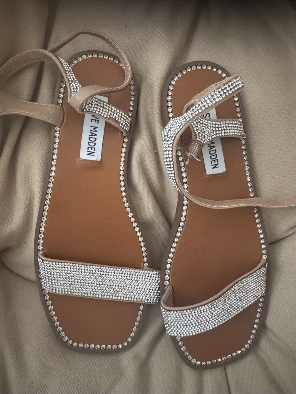 Steve Madden Tan Sandals with Silver Rhinestones